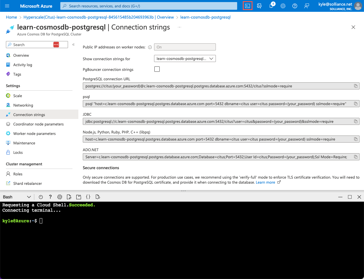 Screenshot of the Cloud Shell icon on the Azure portal toolbar and a Cloud Shell dialog is open at the bottom of the browser window.