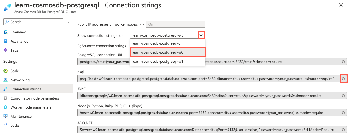 Screenshot of the Connection strings page of the Azure Cosmos DB for PostgreSQL resource is selected in the Azure portal. On the Connection strings page, the 'Show connection strings for' drop-down list is highlighted and a worked node is selected and highlighted. The psql connection string's copy to clipboard button is highlighted.