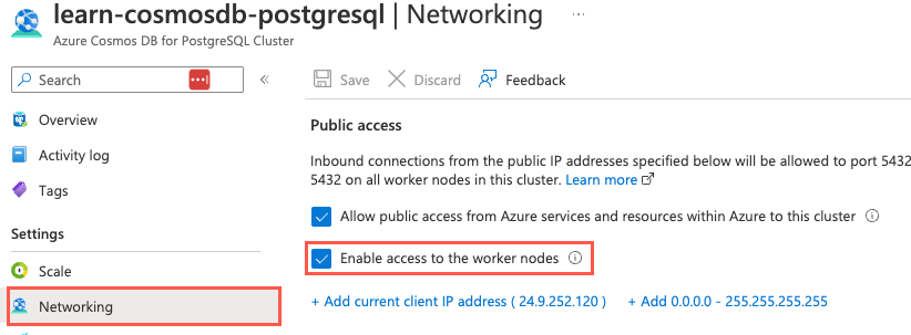 Screenshot of the Enable access to the worker nodes option on the Networking page of the Azure Cosmos DB for PostgreSQL resource.