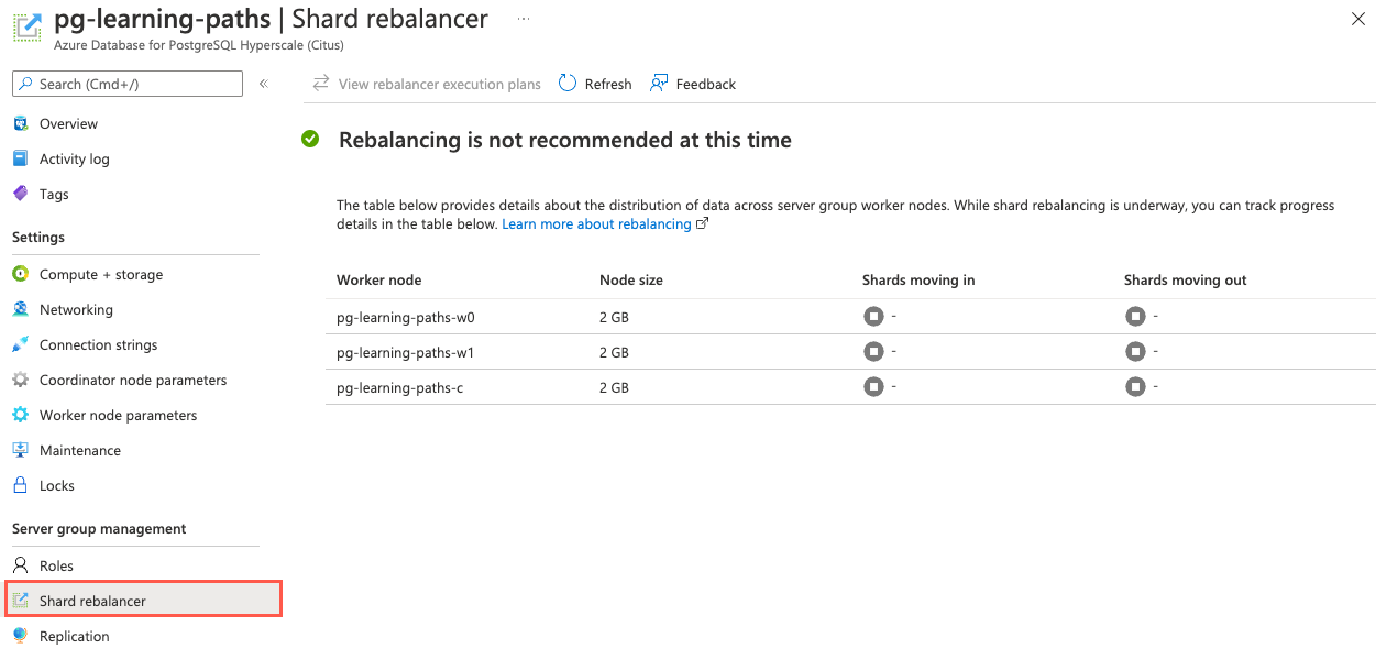 Screenshot of the Shard rebalancer menu item, and the Shard rebalancer page for the database is displayed in the Azure portal.