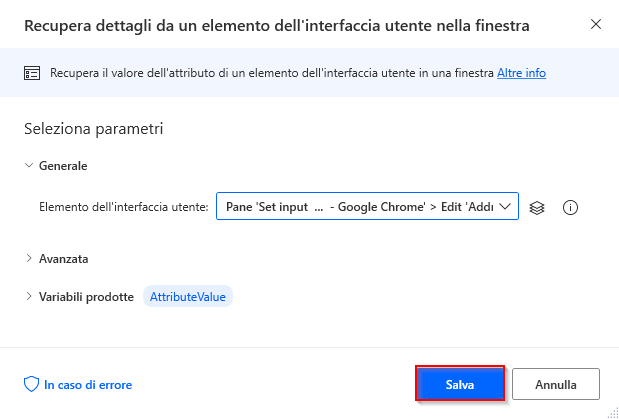 Screenshot della finestra di dialogo Ottieni dettagli dell'elemento dell'interfaccia utente nella finestra con il pulsante Salva evidenziato.