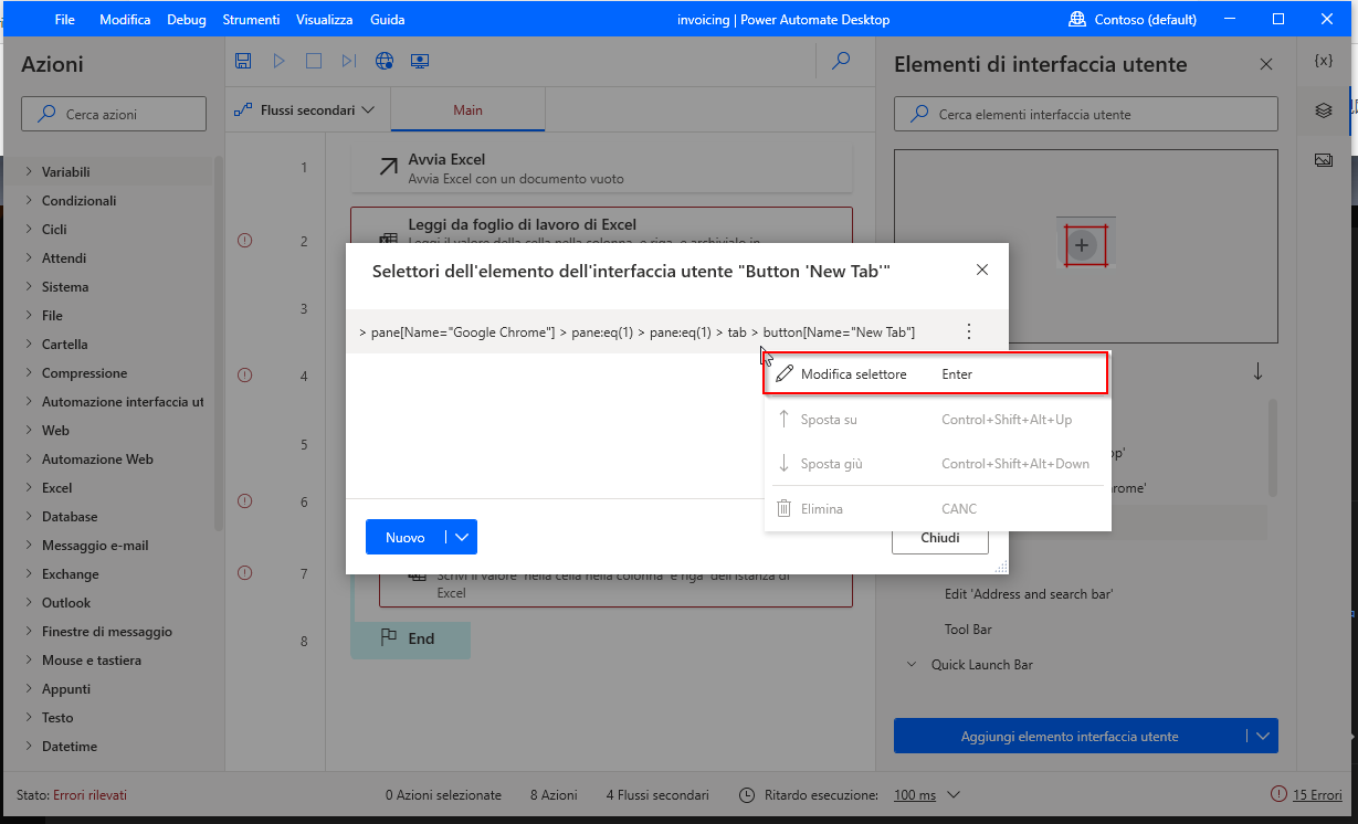 Screenshot della finestra di dialogo Selettori dell'elemento dell'interfaccia utente Testo 1030 con l'opzione Modifica selettore evidenziata.