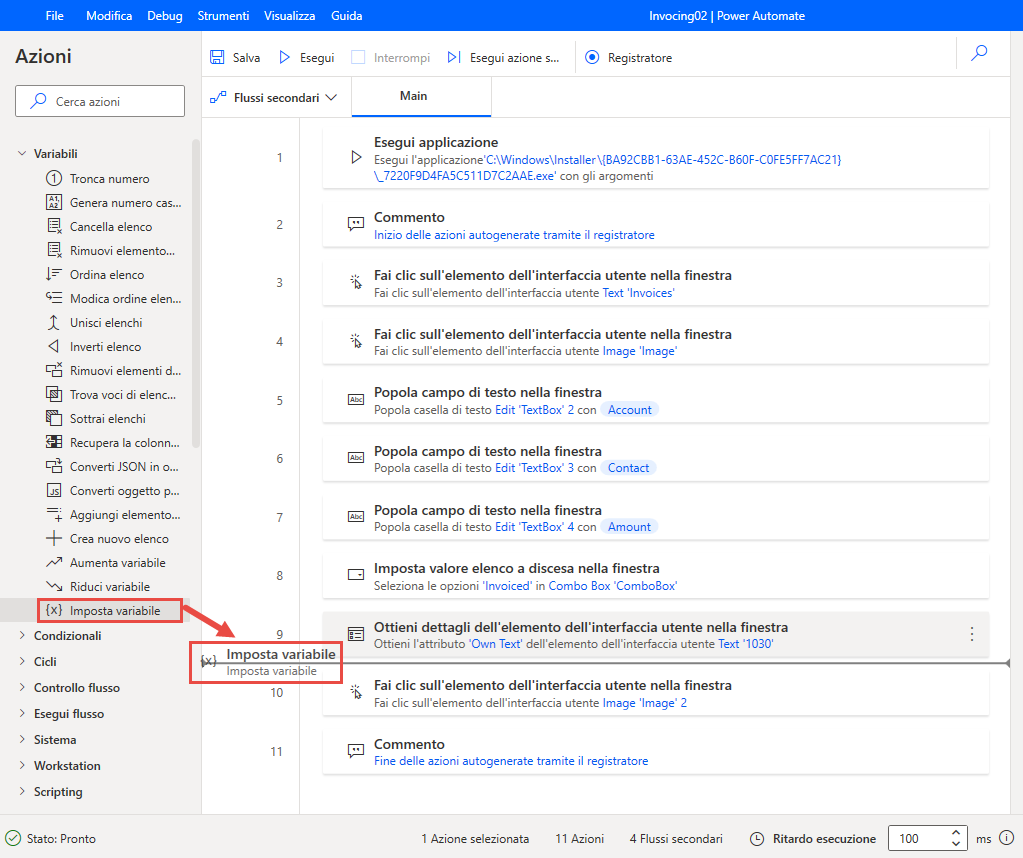 Screenshot di Power Automate per desktop che mostra il trascinamento dell'azione Imposta variabile nei passaggi.