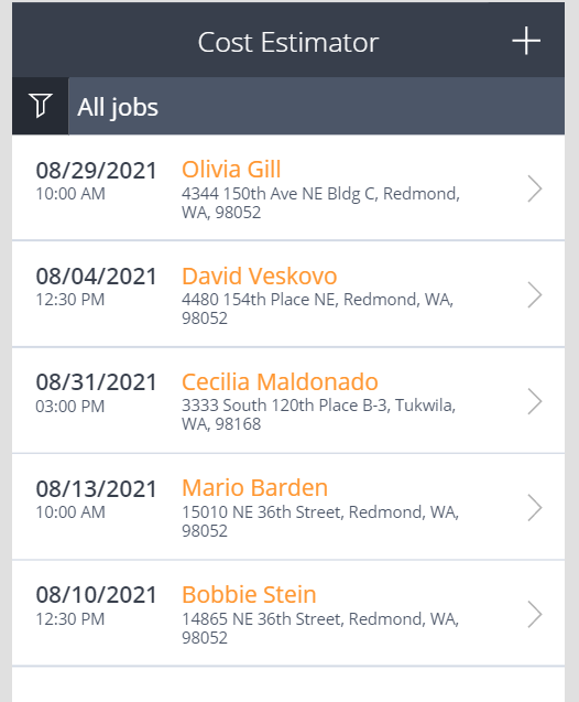 Screenshot dell'applicazione Cost Estimator.