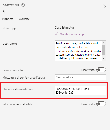 Screenshot della chiave di strumentazione incollata nelle proprietà.