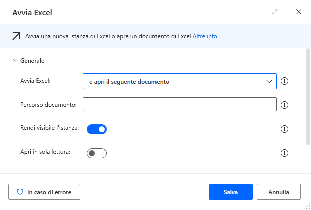 Screenshot che mostra il parametro Launch Excel.
