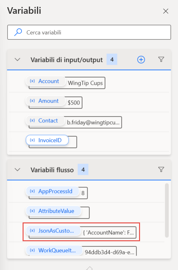 Lo screenshot mostra la selezione della variabile JSON come oggetto personalizzato.
