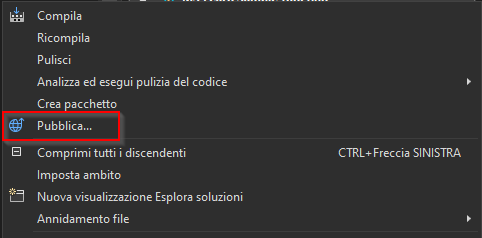 Screenshot del menu visualizzato facendo clic con il pulsante destro del mouse sul progetto e dell'opzione Pubblica.