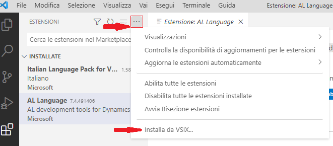 Screenshot dell'opzione Installa da VSIX.