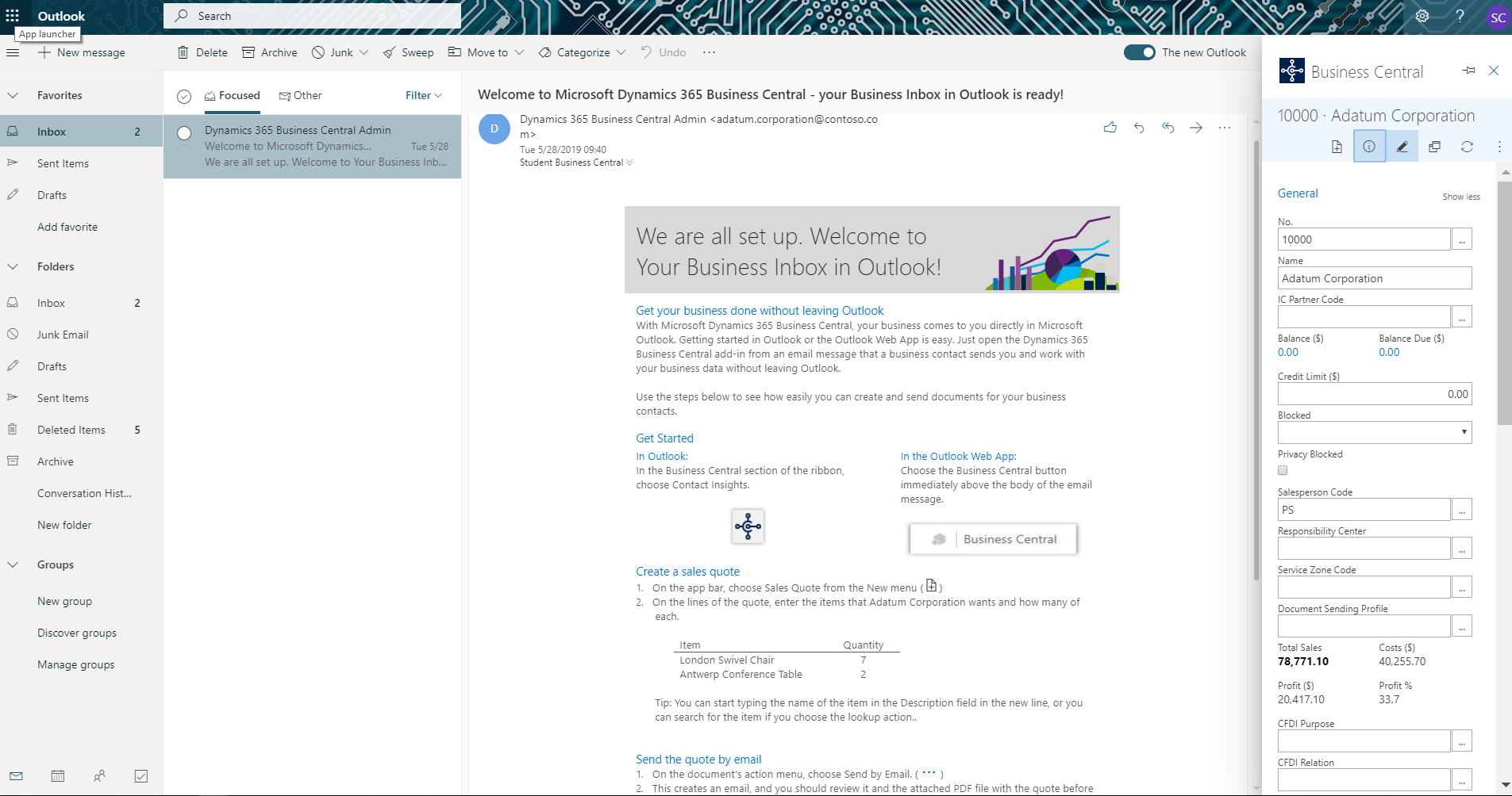 Immagine di Outlook con Business Central come cartella di posta in arrivo aziendale.