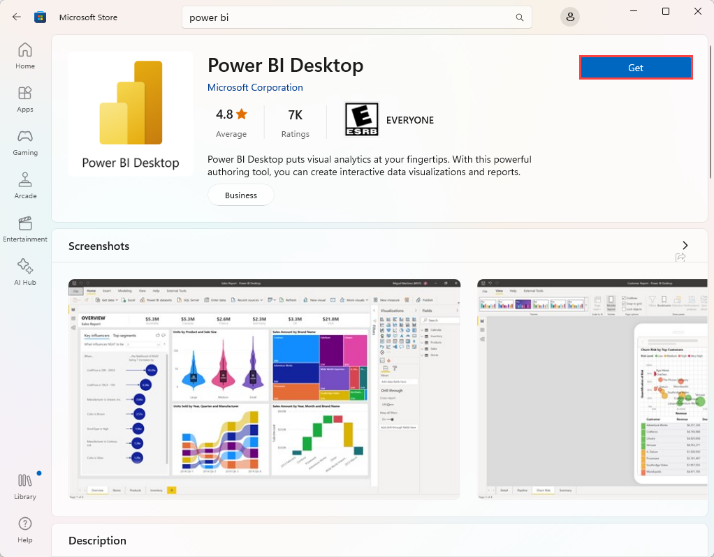 Screenshot della pagina Power BI Desktop in Microsoft App Store, con Scarica evidenziato.