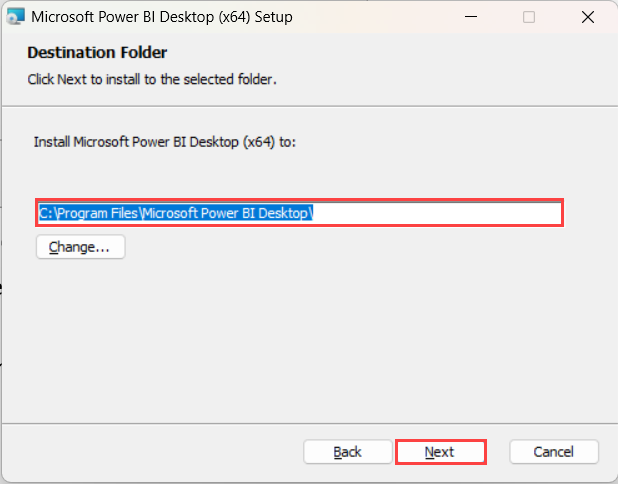 Screenshot dell'installazione guidata di Power BI che mostra la finestra Cartella di destinazione con la directory e il pulsante Avanti evidenziati.