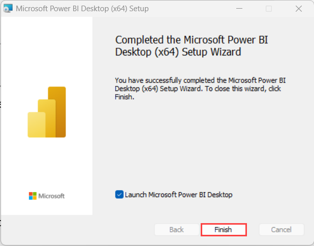 Screenshot dell'installazione guidata di Power BI che mostra la schermata di completamento con il pulsante Fine evidenziato.