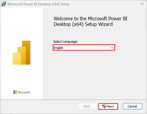 Screenshot della schermata di selezione della lingua nell'installazione guidata di Power BI con la casella Avanti evidenziata.