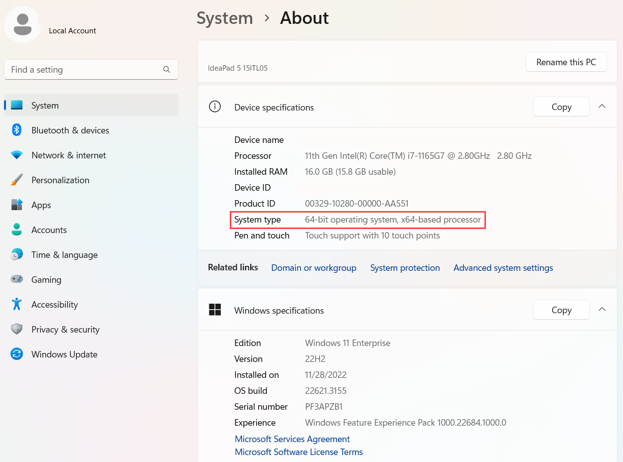 Screenshot della finestra di Sistema - Informazioni su in Windows 11 in cui è evidenziata la riga Tipo di sistema che indica la capacità in bit del processore.