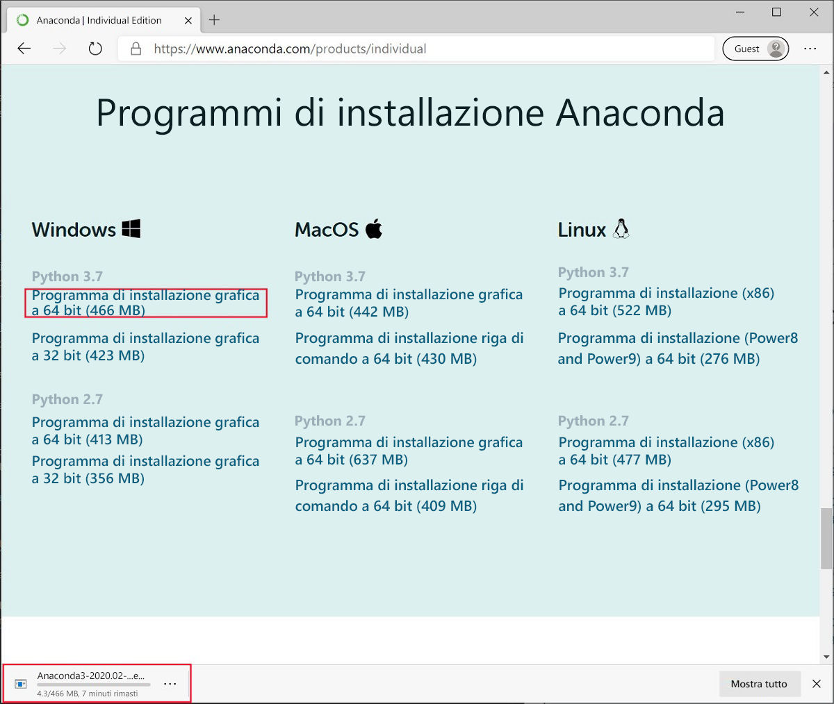 A screenshot of the Anaconda download web page that shows the installation in progress.