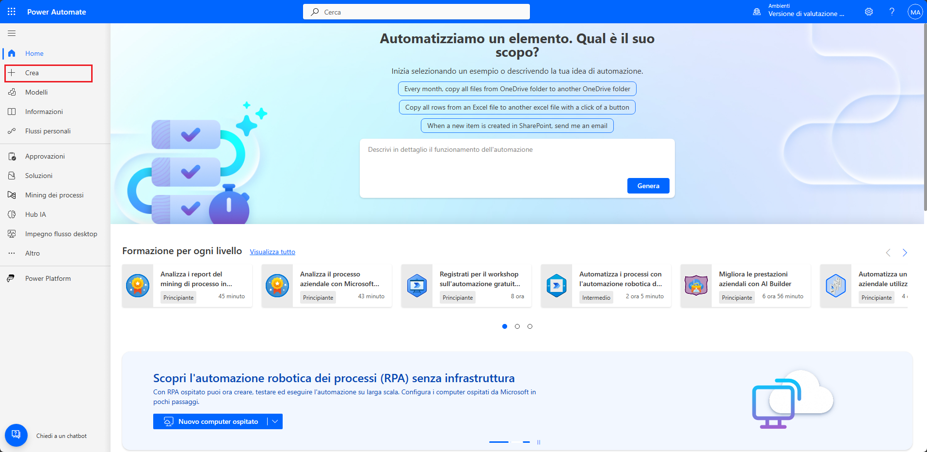 Schermata di Power Automate Maker Portal dopo aver selezionato il pulsante + Crea.