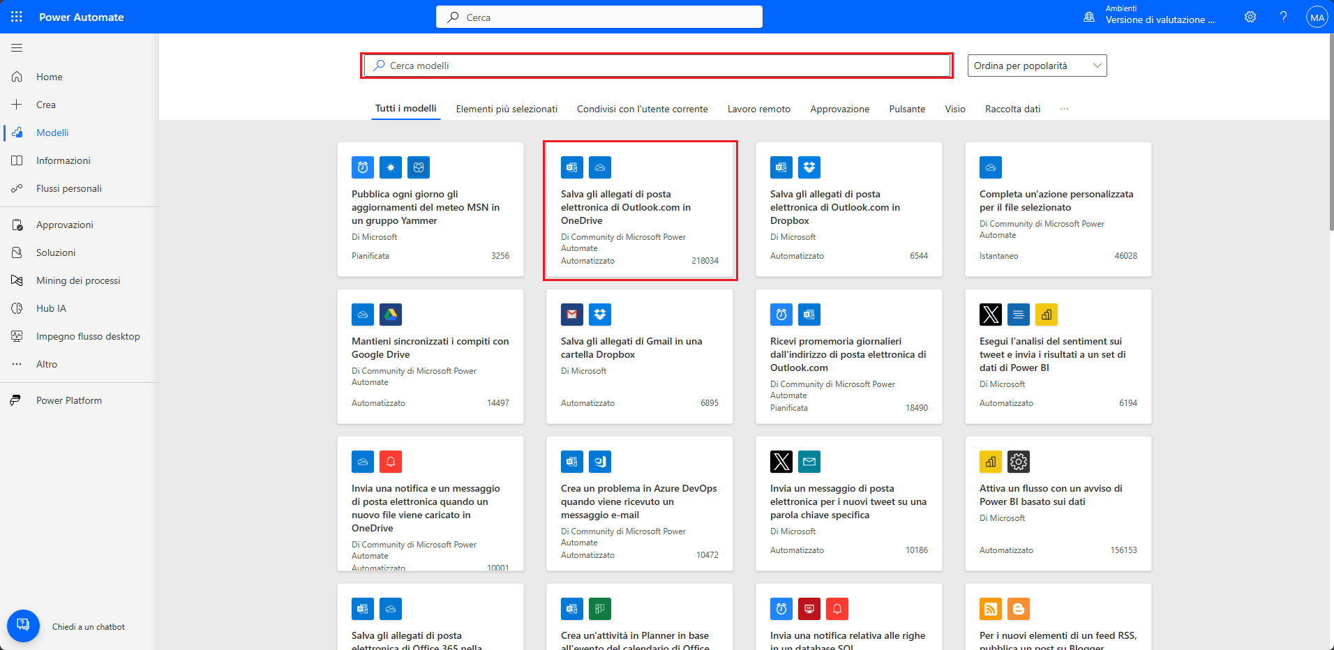 Schermata di Power Automate Maker Portal con i modelli disponibili dopo aver selezionato Outlook come origine dati.