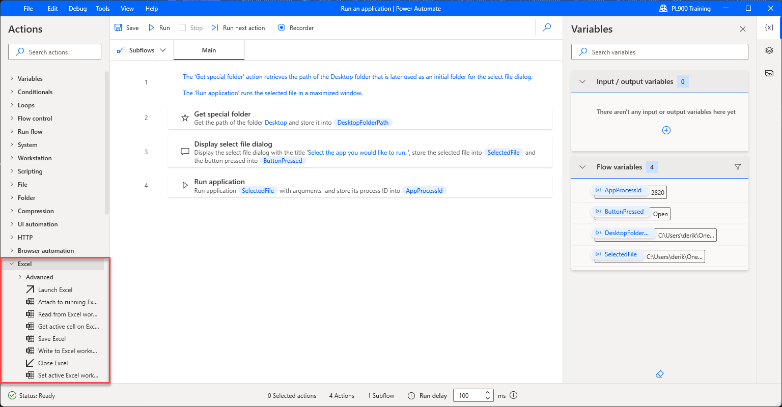 Screenshot del gruppo di azioni di Excel per visualizzare un elenco di azioni di Excel.