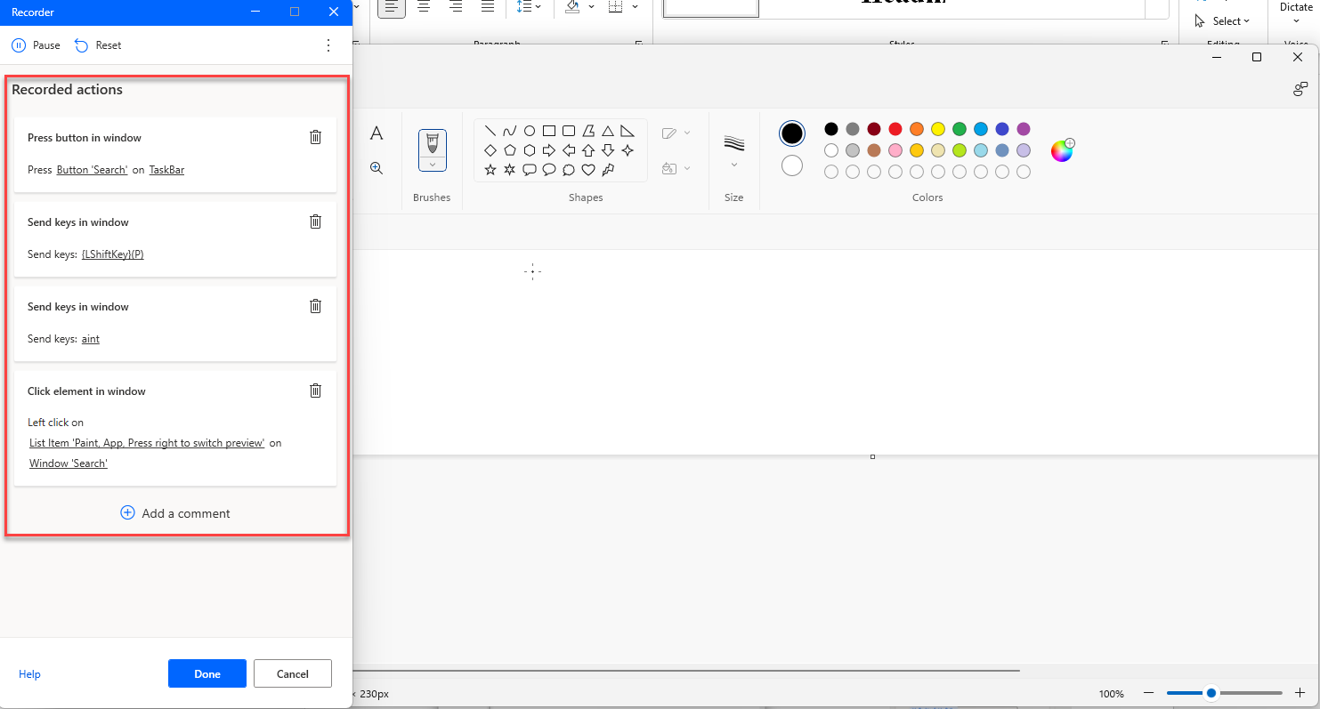 Screenshot delle azioni registrate.