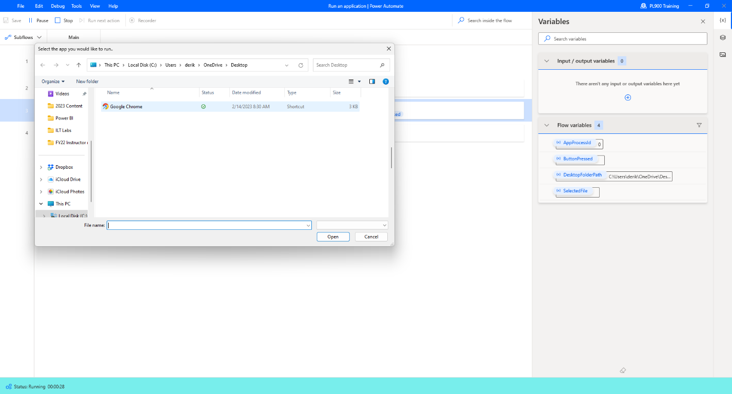 Screenshot di un flusso che mostra una finestra di dialogo Apri file in cui l'utente può selezionare il file da aprire.