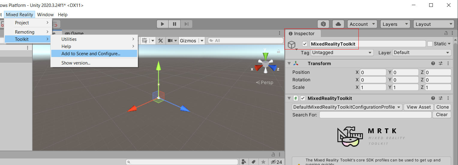 Screenshot of the Mixed Reality Toolkit in the Inspector.