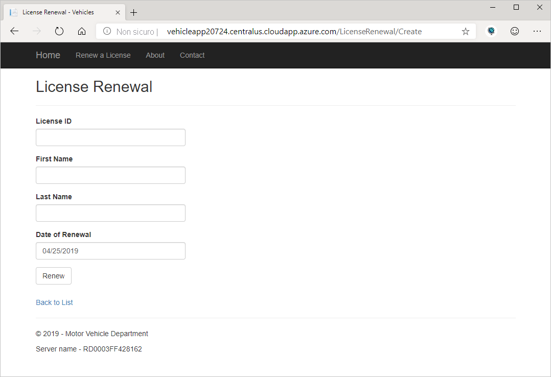 Screenshot che mostra un'immagine dell'app Web per il rinnovo delle licenze.