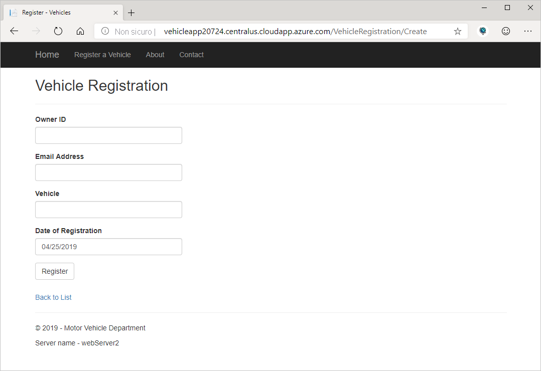 Screenshot che mostra un'app Web di registrazione del veicolo.