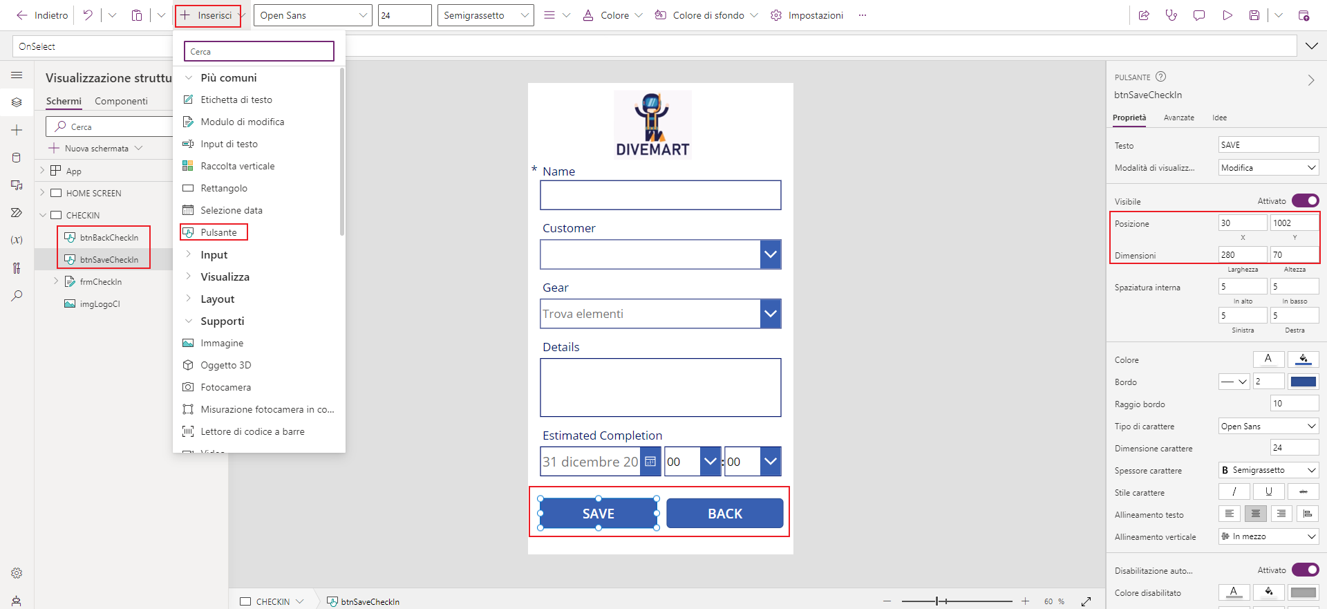 Screenshot di Studio per app canvas. Lo stato attivo è sui controlli Pulsante e sulle proprietà dei controlli.