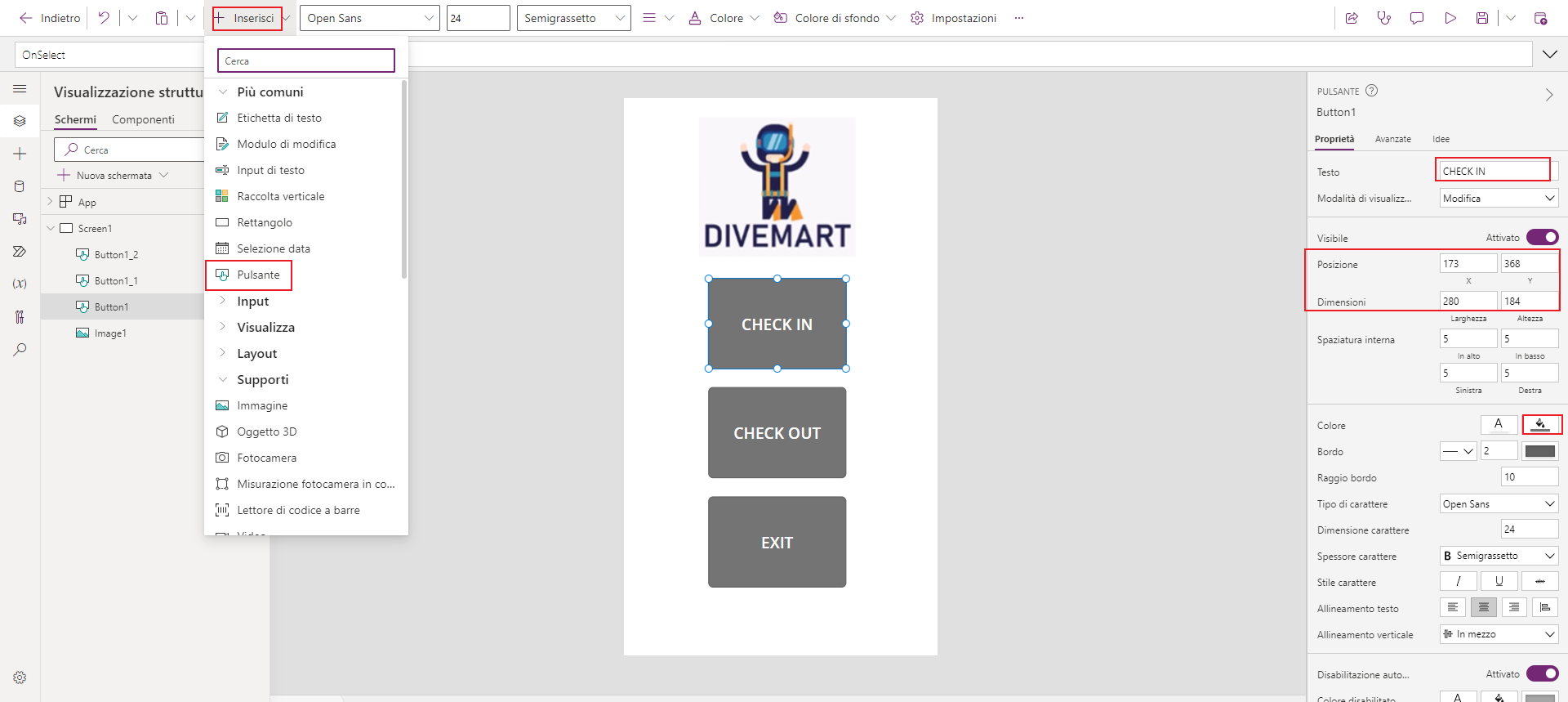 Screenshot di Studio per app canvas. Lo stato attivo è sul controllo Pulsante e sulle proprietà del controllo.