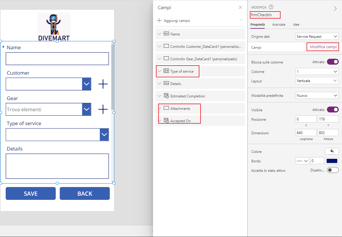 Screenshot di Studio per app canvas. Lo stato attivo è sui campi del modulo.