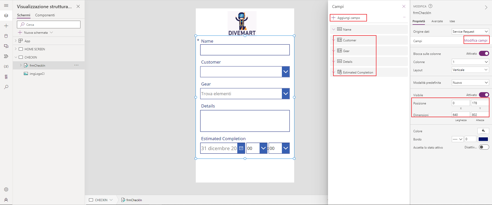 Screenshot di Studio per app canvas. Lo stato attivo è sull'opzione Aggiungi campo per un controllo del modulo.