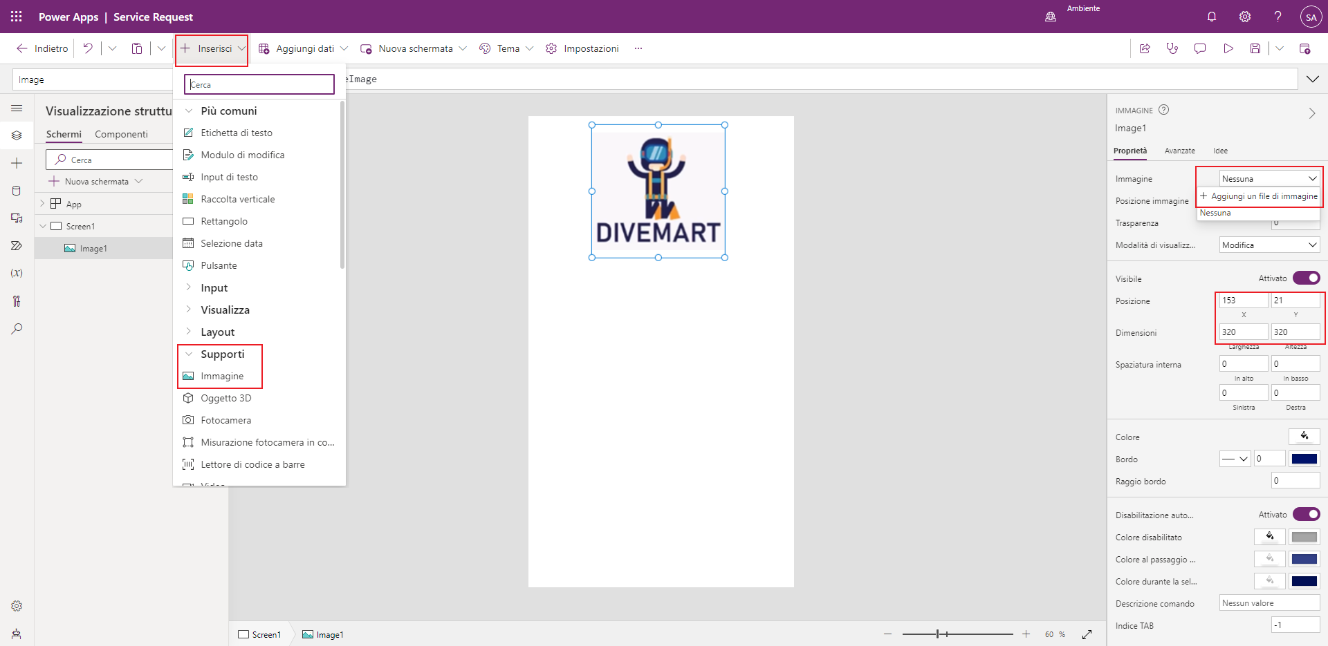 Screenshot di Studio per app canvas. Lo stato attivo è sul controllo Immagine e sulle proprietà del controllo.
