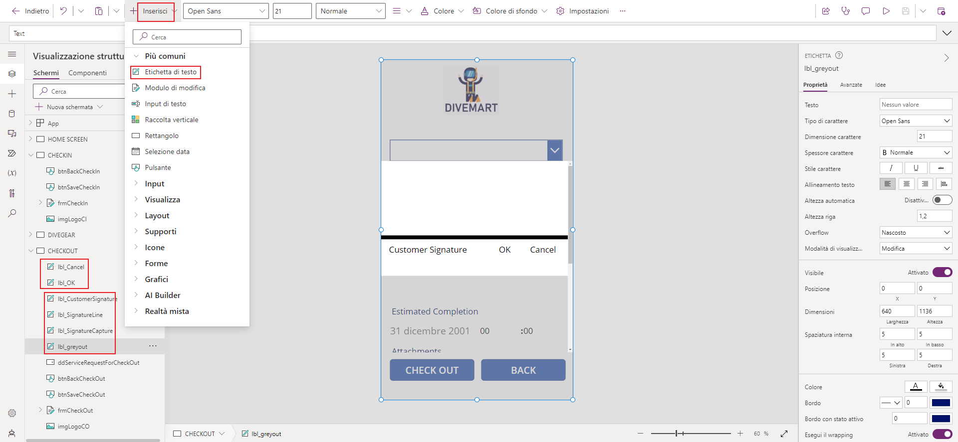 Screenshot di Studio per app canvas. Lo stato attivo è sul controllo Etichetta di testo e su più controlli dell'etichetta di una schermata.