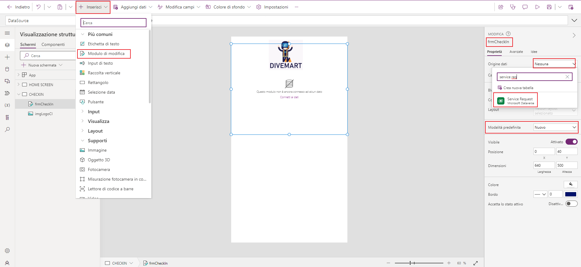 Screenshot di Studio per app canvas. Lo stato attivo è su Modulo di modifica e sulla proprietà Data Source del controllo.