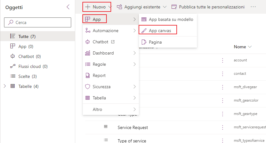 Screenshot di una soluzione Dataverse. Lo stato attivo è sull'opzione di menu Nuova app canvas.
