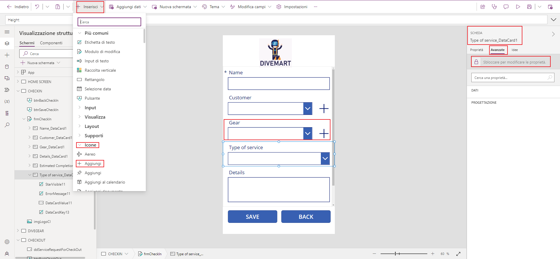 Screenshot di Studio per app canvas. Lo stato attivo è sul controllo Icona e sulle proprietà del controllo.