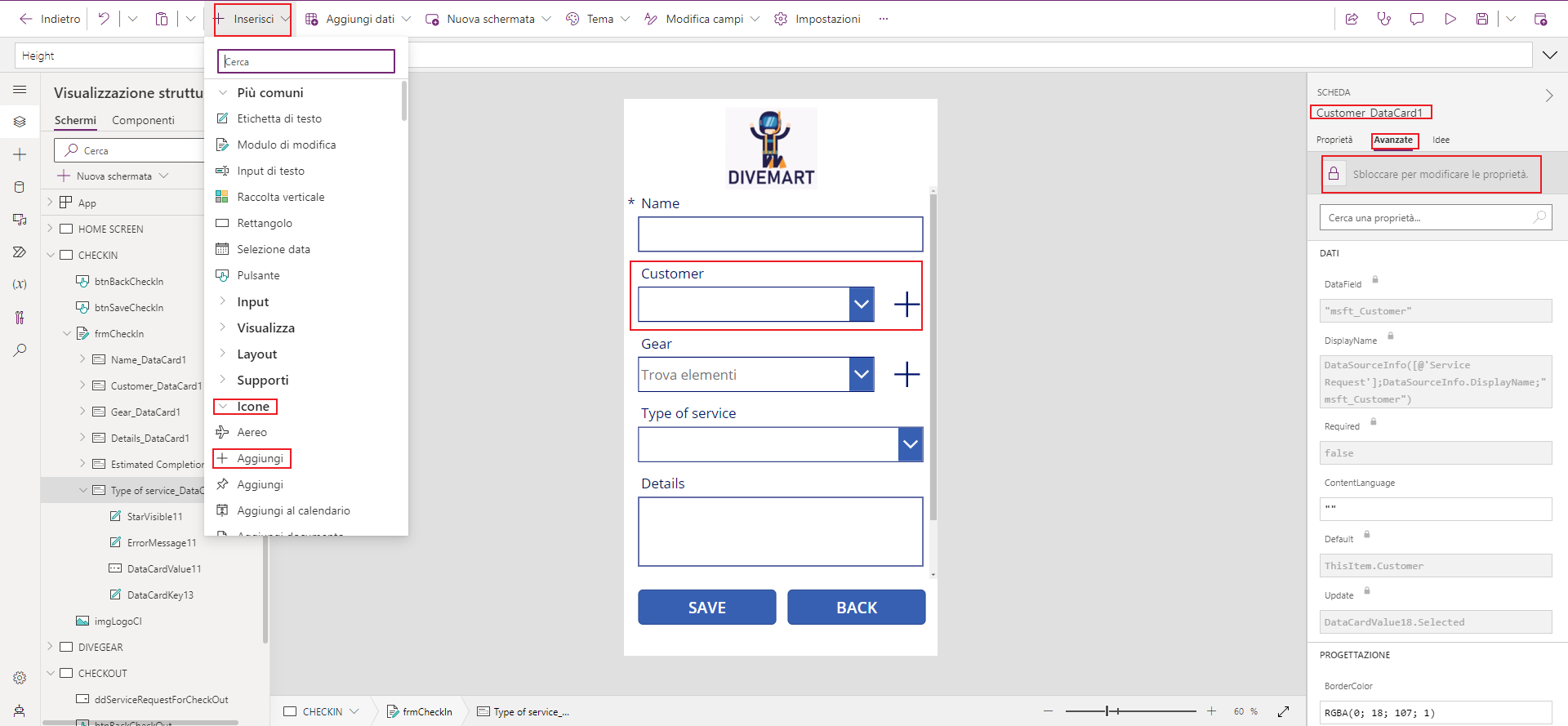 Screenshot di Studio per app canvas. Lo stato attivo è sul controllo Icona e sulle proprietà del controllo.