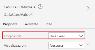 Screenshot di Studio per app canvas. Lo stato attivo è sulla proprietà Data source di una casella combinata.