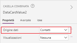 Screenshot di Studio per app canvas. Lo stato attivo è sulla proprietà Data source della casella combinata.