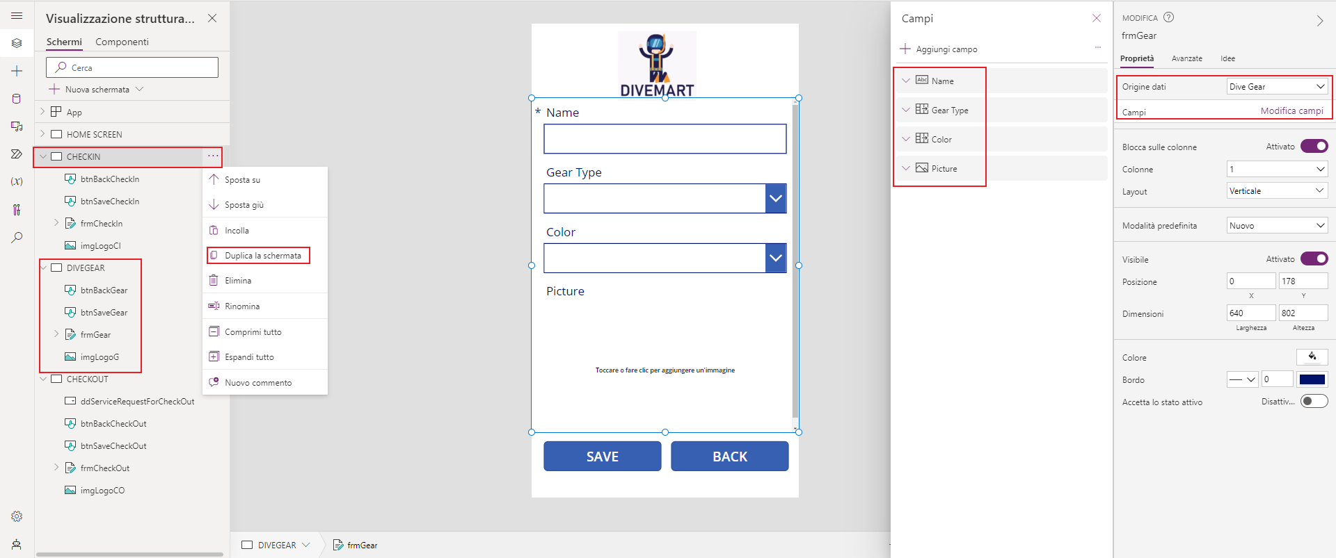 Screenshot di Studio per app canvas. Lo stato attivo è sulle proprietà del controllo del modulo e sui componenti rinominati della schermata.