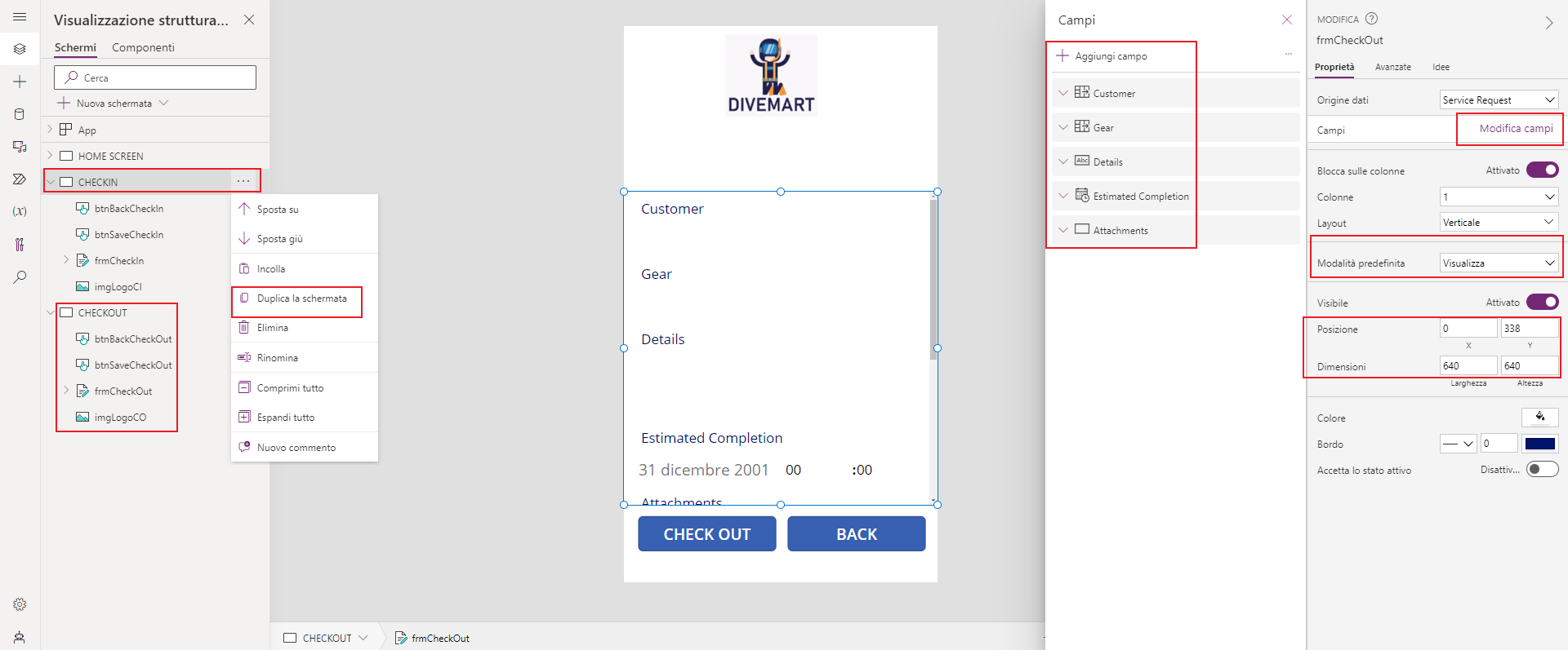 Screenshot di Studio per app canvas. Lo stato attivo è sulle proprietà del controllo di un modulo e sui componenti rinominati di una schermata.