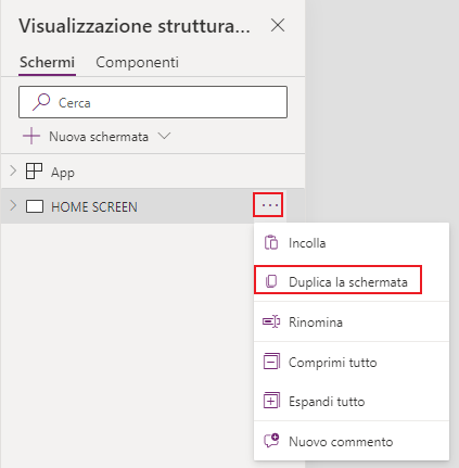Screenshot di Studio per app canvas. Lo stato attivo è sull'opzione Duplica la schermata.