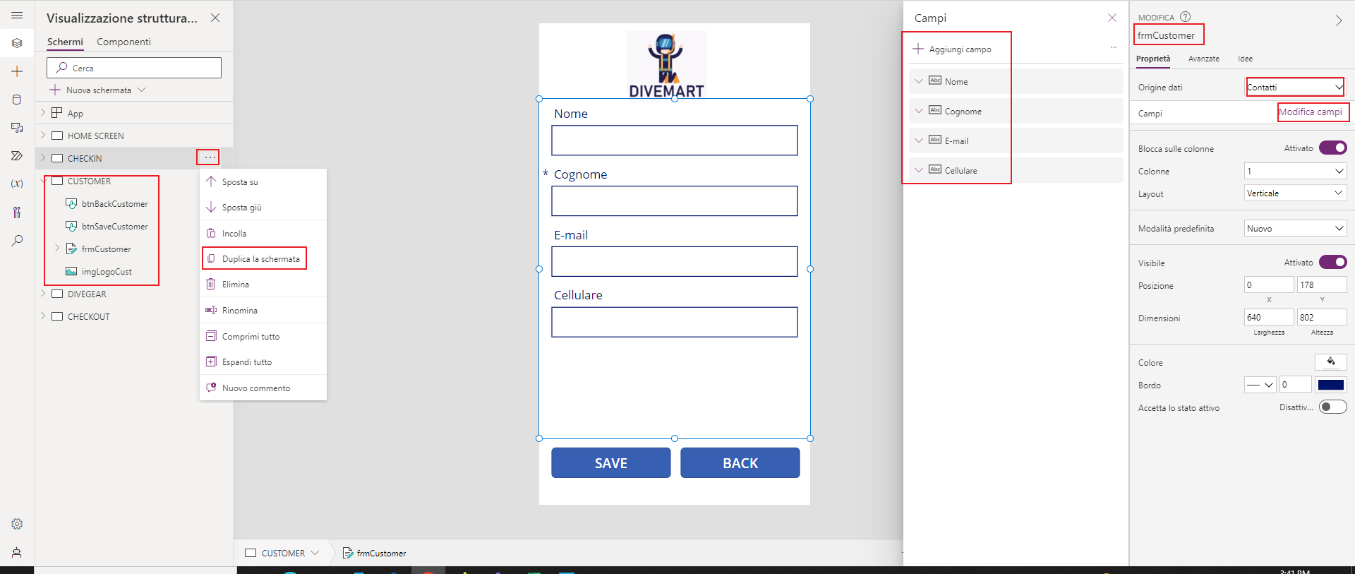 Screenshot di Studio per app canvas. Lo stato attivo è sulle proprietà del controllo del modulo e sui componenti rinominati della schermata.