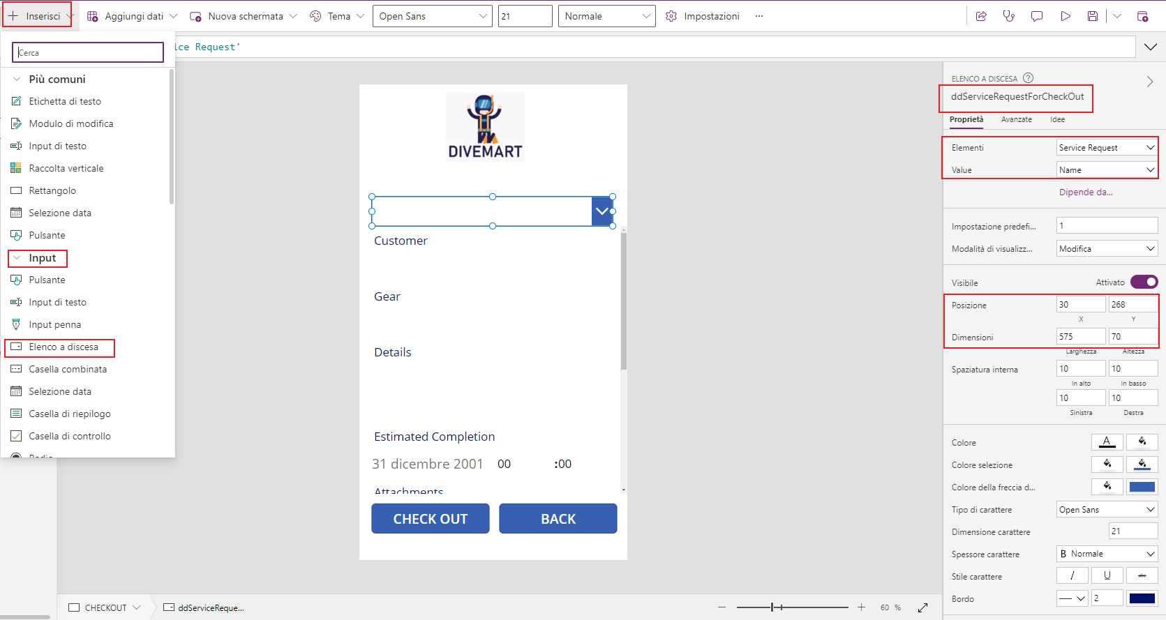 Screenshot di Studio per app canvas. Lo stato attivo è sul controllo A discesa e sulle proprietà del controllo.