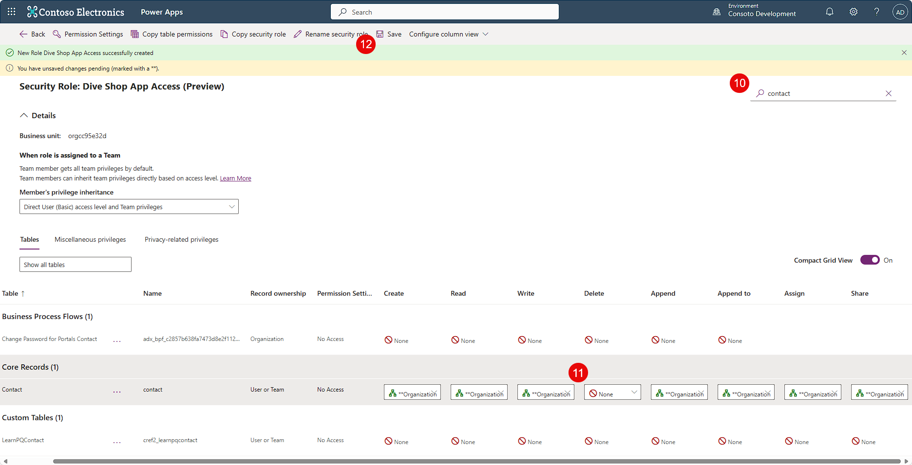 Screenshot del ruolo selezionato e del pulsante Salva.