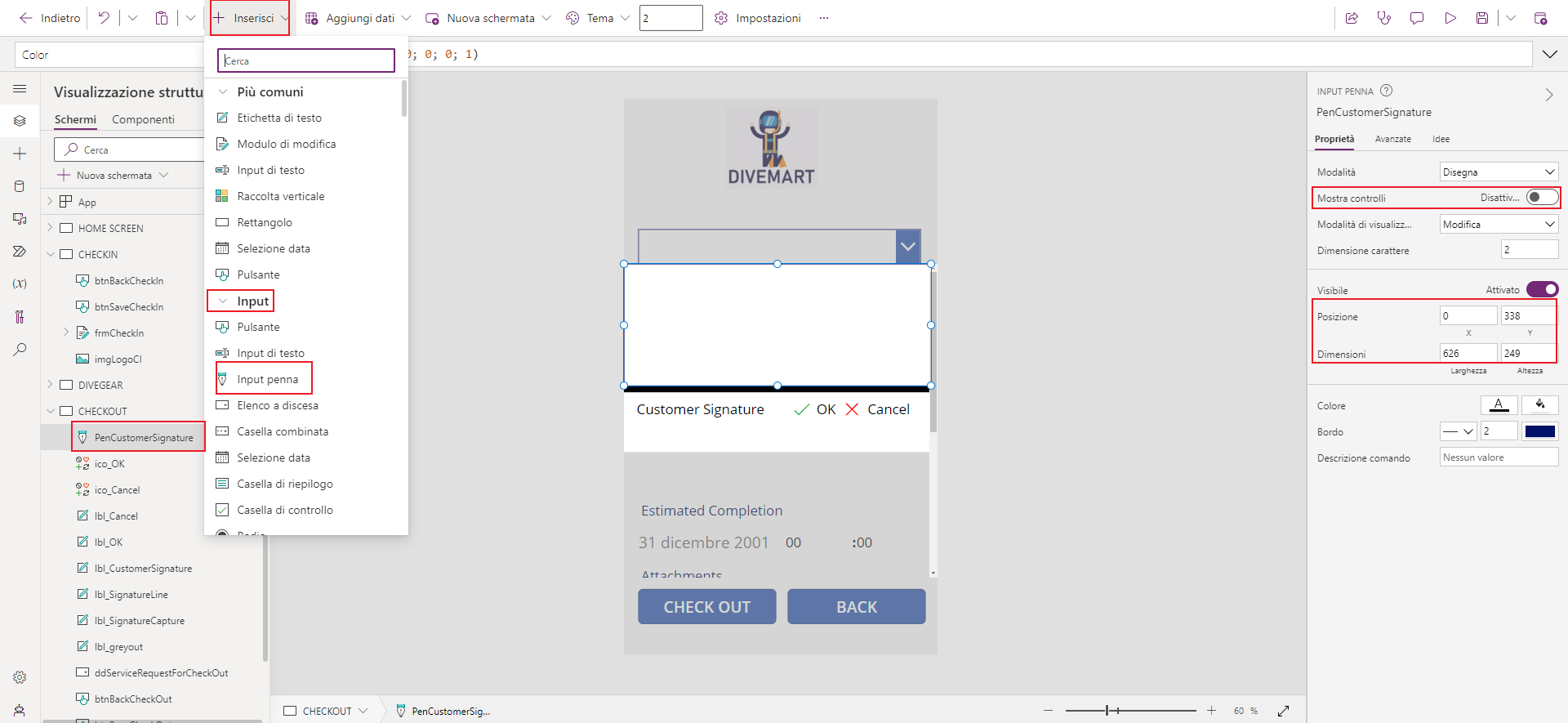 Screenshot di Studio per app canvas. Lo stato attivo è sul controllo Input penna e sulle proprietà del controllo.