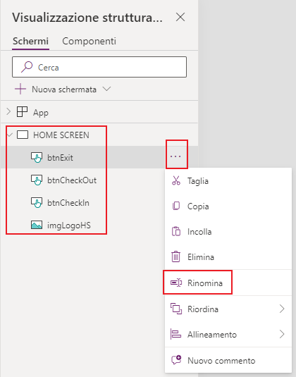 Screenshot di Studio per app canvas. Lo stato attivo è sull'opzione Rinomina per i componenti della schermata.