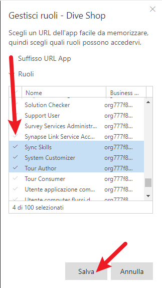 Screenshot del ruolo selezionato e del pulsante Salva.