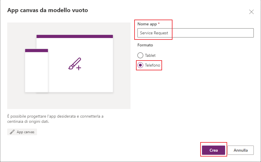 Screenshot della nuova app canvas creata a partire da un modulo vuoto. Lo stato attivo è sul nome dell'app, sul formato telefono e sul pulsante Crea.